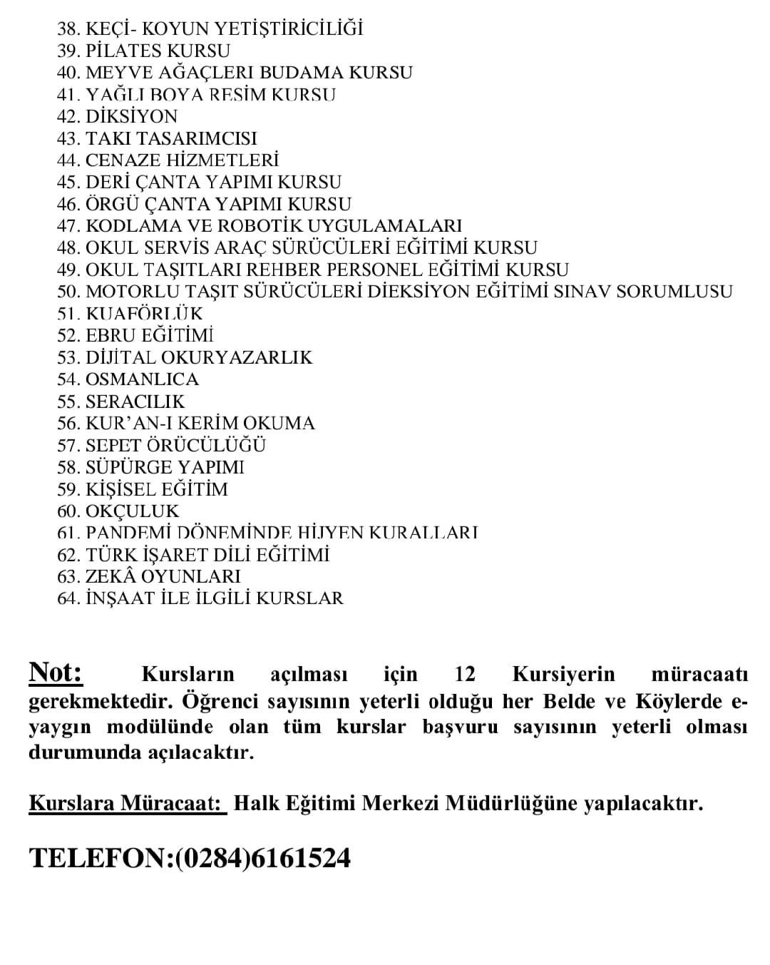 Halk Eğitim Merkezi 64 Adet Kurs Açacak