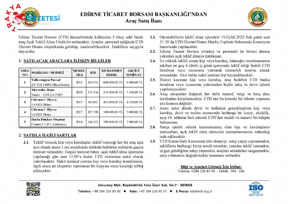 Edirne Ticaret Borsası Başkanlığı'ndan 